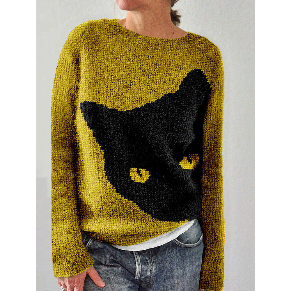 Black Cat Knit Art Crew Neck Cozy Sweater
