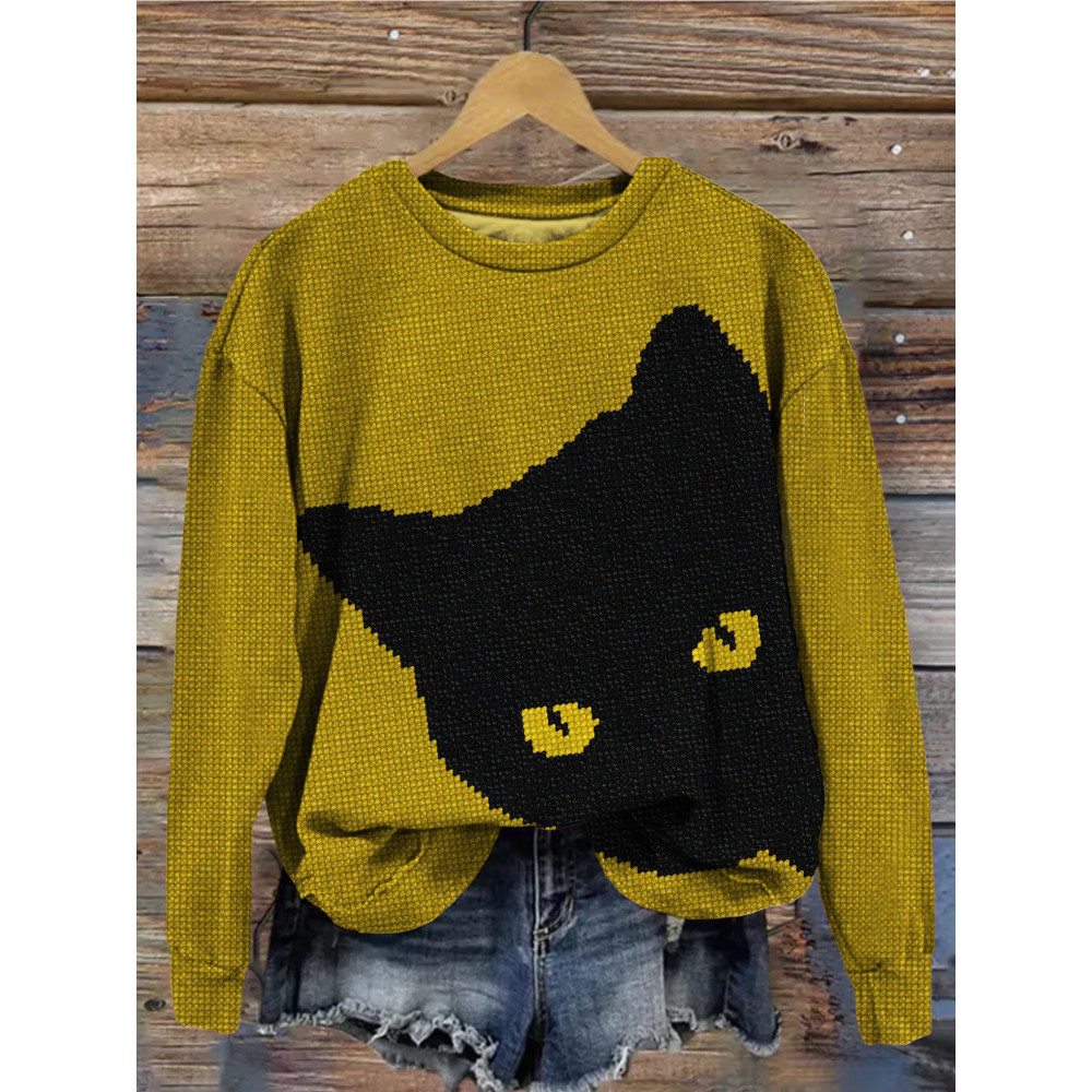 Black Cat Knit Art Crew Neck Vintage Sweatshirt