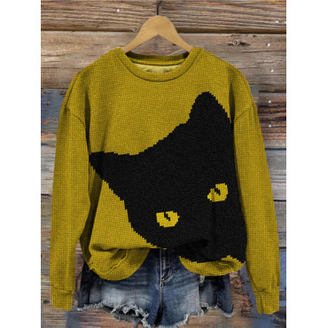 Black Cat Knit Art Crew Neck Vintage Sweatshirt