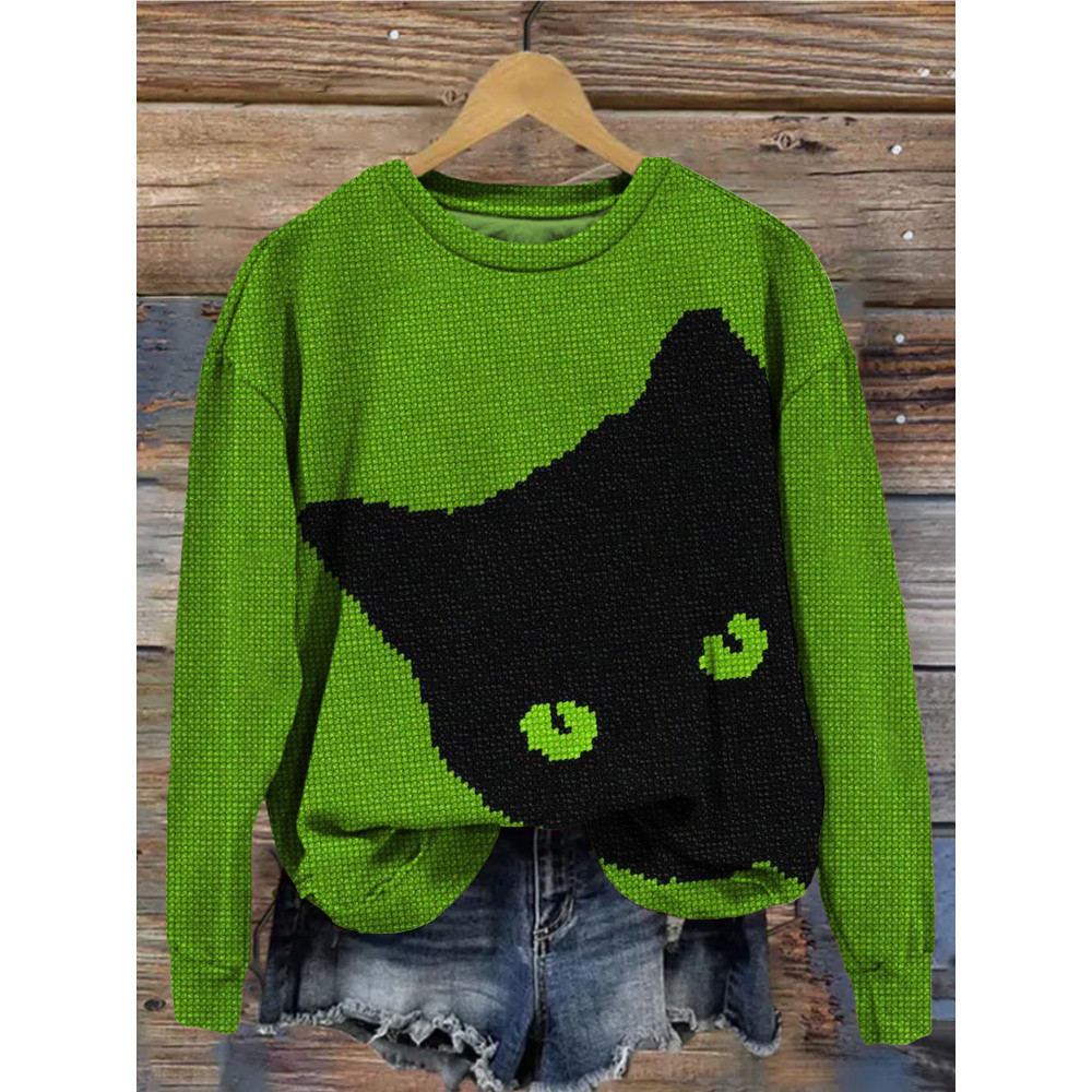 Black Cat Knit Art Crew Neck Vintage Sweatshirt
