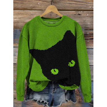 Black Cat Knit Art Crew Neck Vintage Sweatshirt