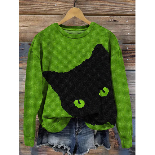 Black Cat Knit Art Crew Neck Vintage Sweatshirt