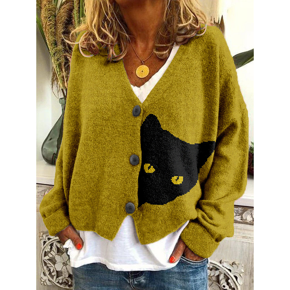 Black Cat Knit Art V Neck Cozy Button Cardigan