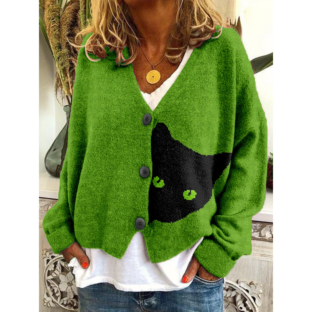Black Cat Knit Art V Neck Cozy Button Cardigan