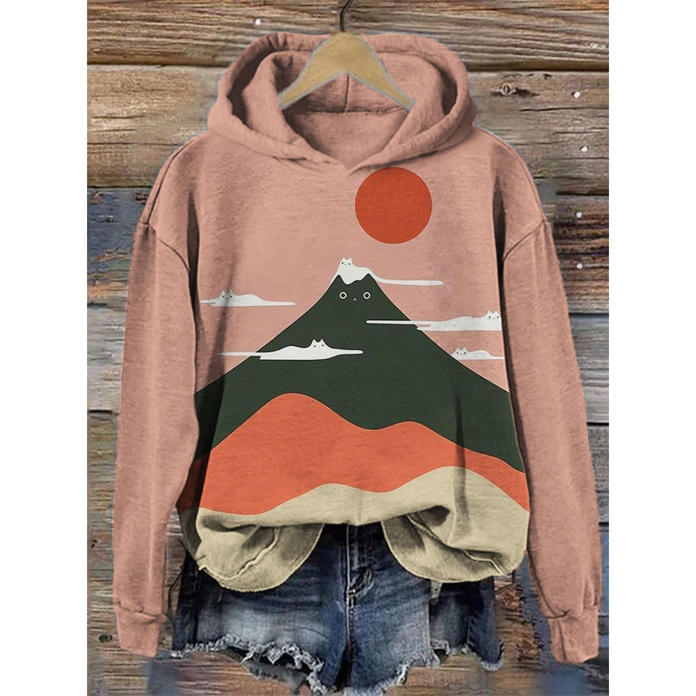 Black Cat Mountain & White Cat Clouds Landscape Colorblock Hoodie
