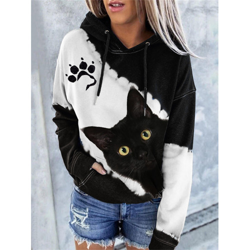 Black Cat Peeking Paw Print Tie Dye Hoodie