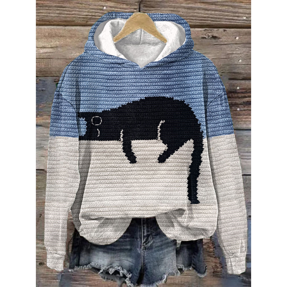 Black Cat Print Casual Hoodie