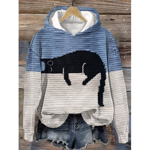 Black Cat Print Casual Hoodie
