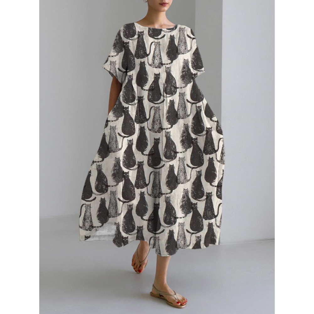 Black Cat Print Linen Blend Maxi Dress