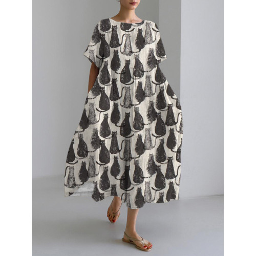 Black Cat Print Linen Blend Maxi Dress