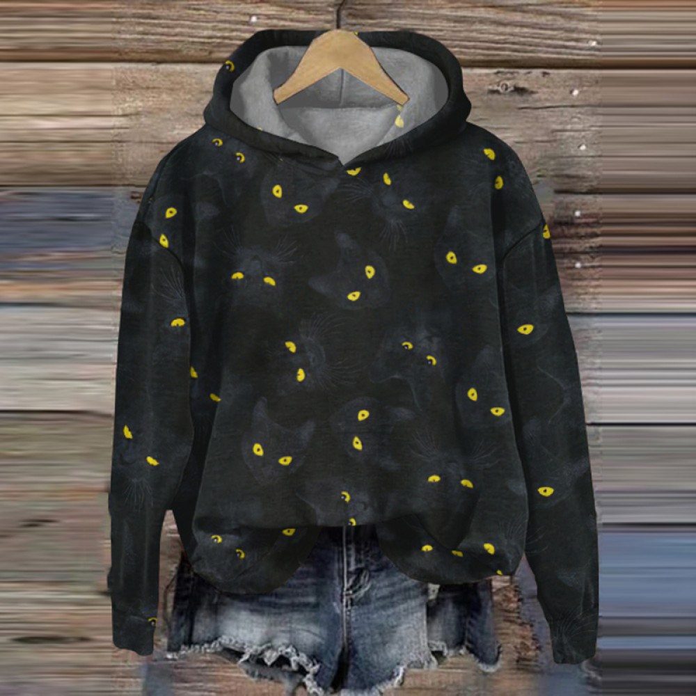 Black Cat Print Long Sleeve Casual Hoodie