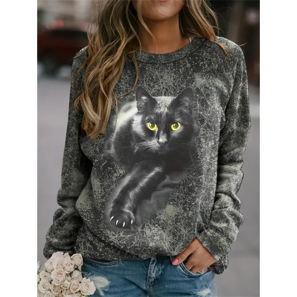 Black Cat Print Long Sleeve Crew Neck Sweatshirt