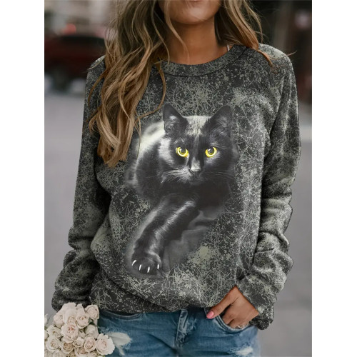 Black Cat Print Long Sleeve Crew Neck Sweatshirt