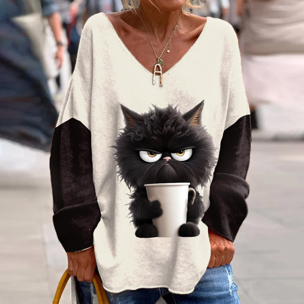 Black Cat Print V-Neck Long Sleeved Loose T-Shirt