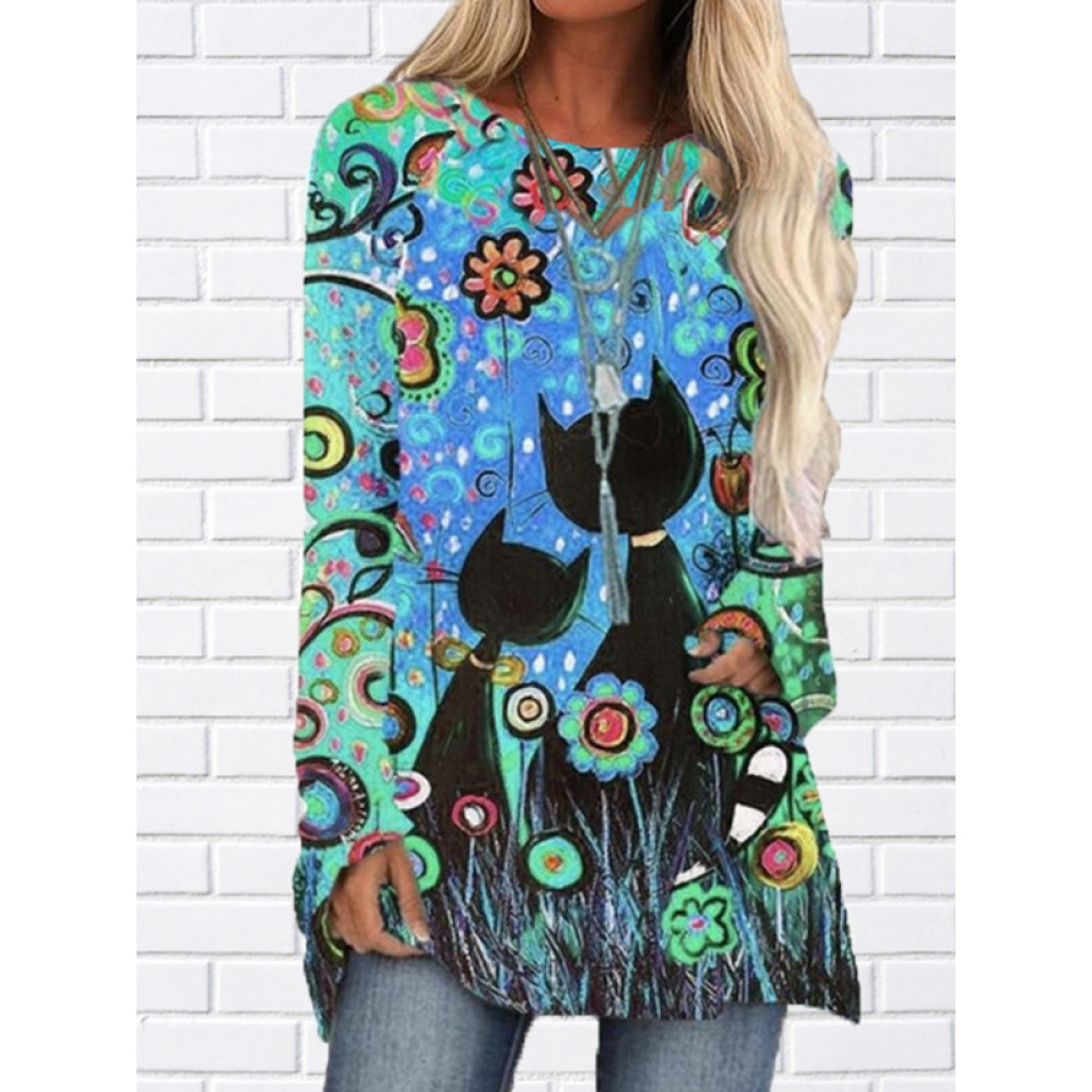Black Cat Printed Long-Sleeve Tee