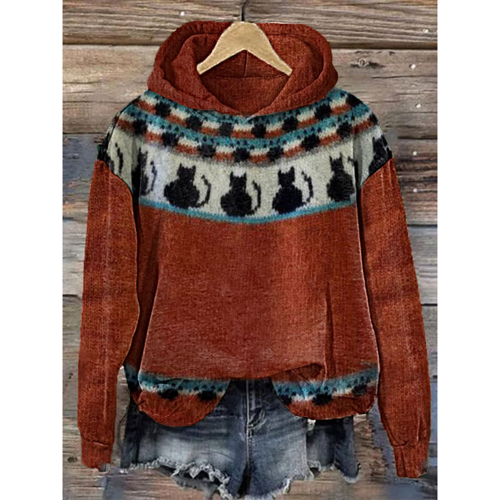 Black Cat and Cat Paw Print Casual Cozy Hoodie