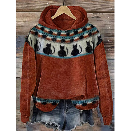 Black Cat and Cat Paw Print Casual Cozy Hoodie