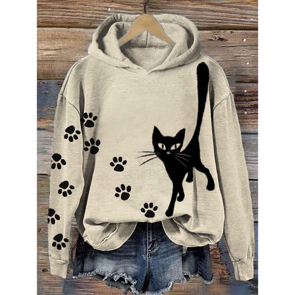 Black Cat & Paw Prints Graphic Cozy Hoodie