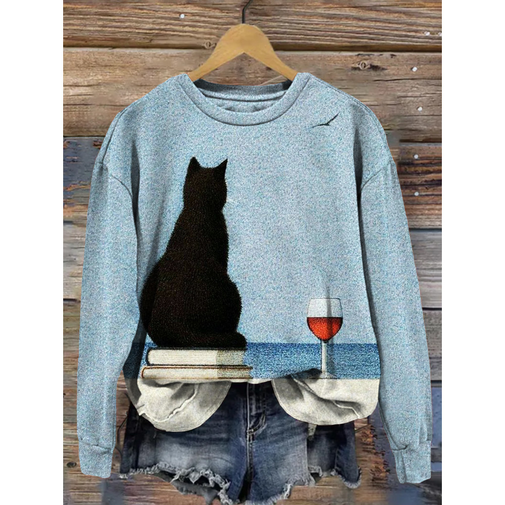 Black Cat by the Sea Graphic Vintage Casual Sweatshirt