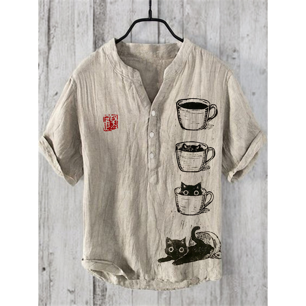 Black Cat in Cup Lino Art Linen Blend Shirt