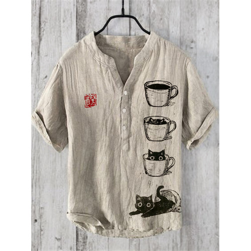 Black Cat in Cup Lino Art Linen Blend Shirt