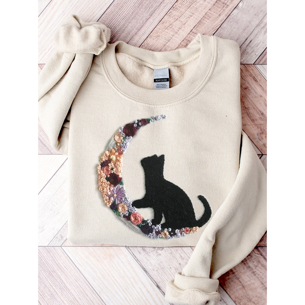 Black Cat on Floral Moon Embroidery Art Sweatshirt
