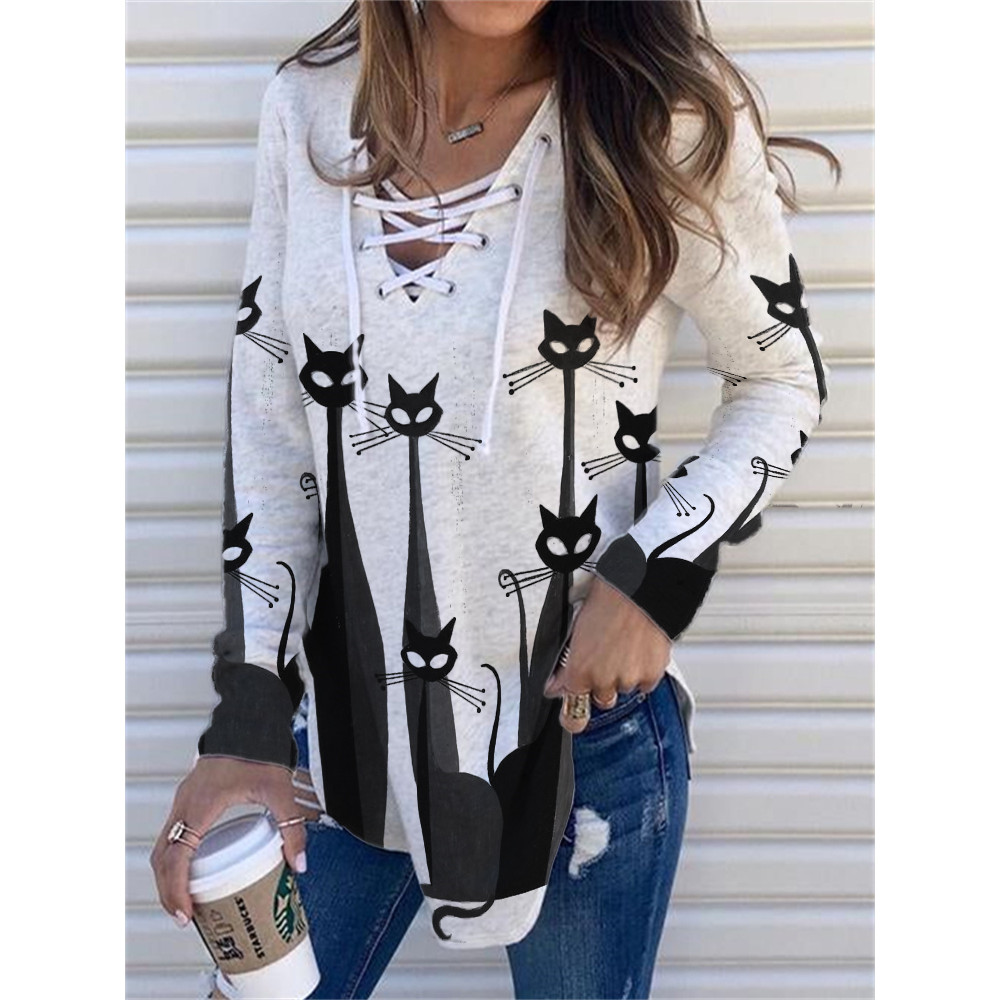 Black Cats Art Print Lace Up T Shirt