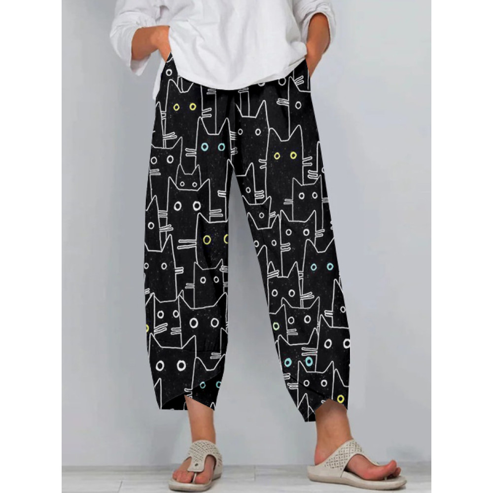 Black Cats Graphic Pocket Cropped Casual Pants