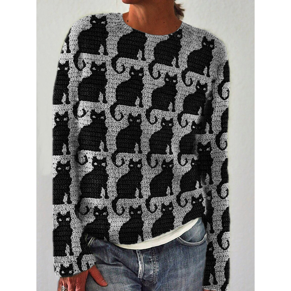 Black Cats Knit Pattern Cozy Sweater