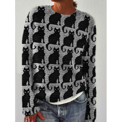 Black Cats Knit Pattern Cozy Sweater