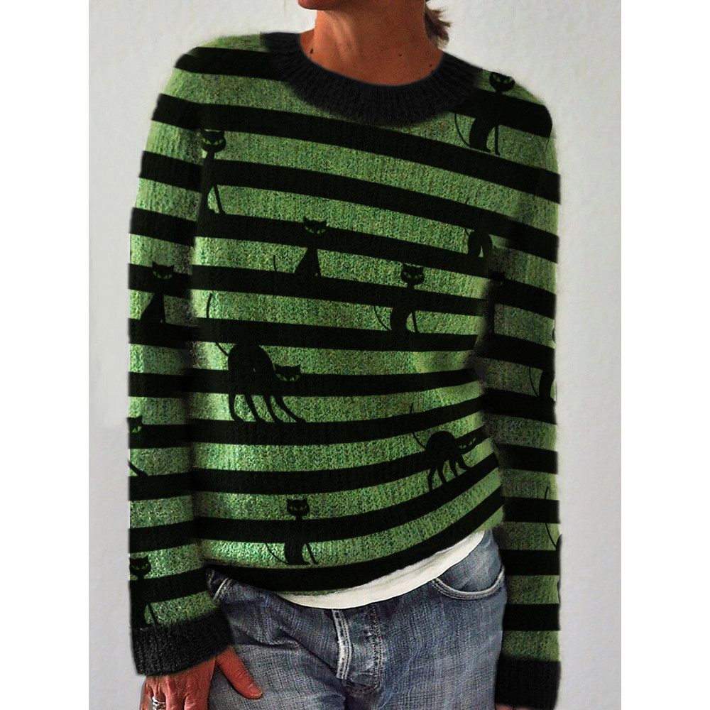 Black Cats Striped Cozy Knit Sweater
