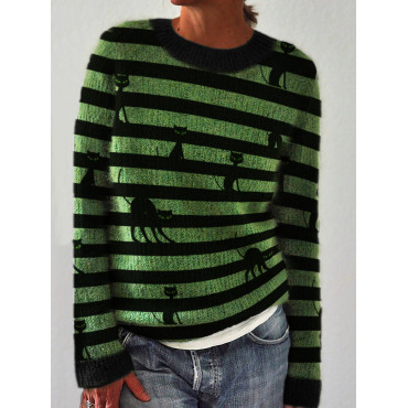 Black Cats Striped Cozy Knit Sweater