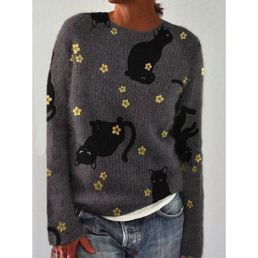 Black Cats Vintage Floral Cozy Sweater