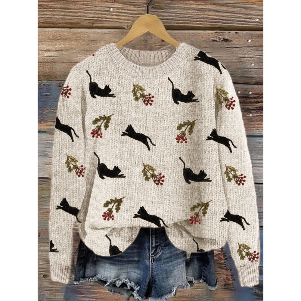 Black Cats & Berry Embroidery Pattern Cozy Knit Sweater