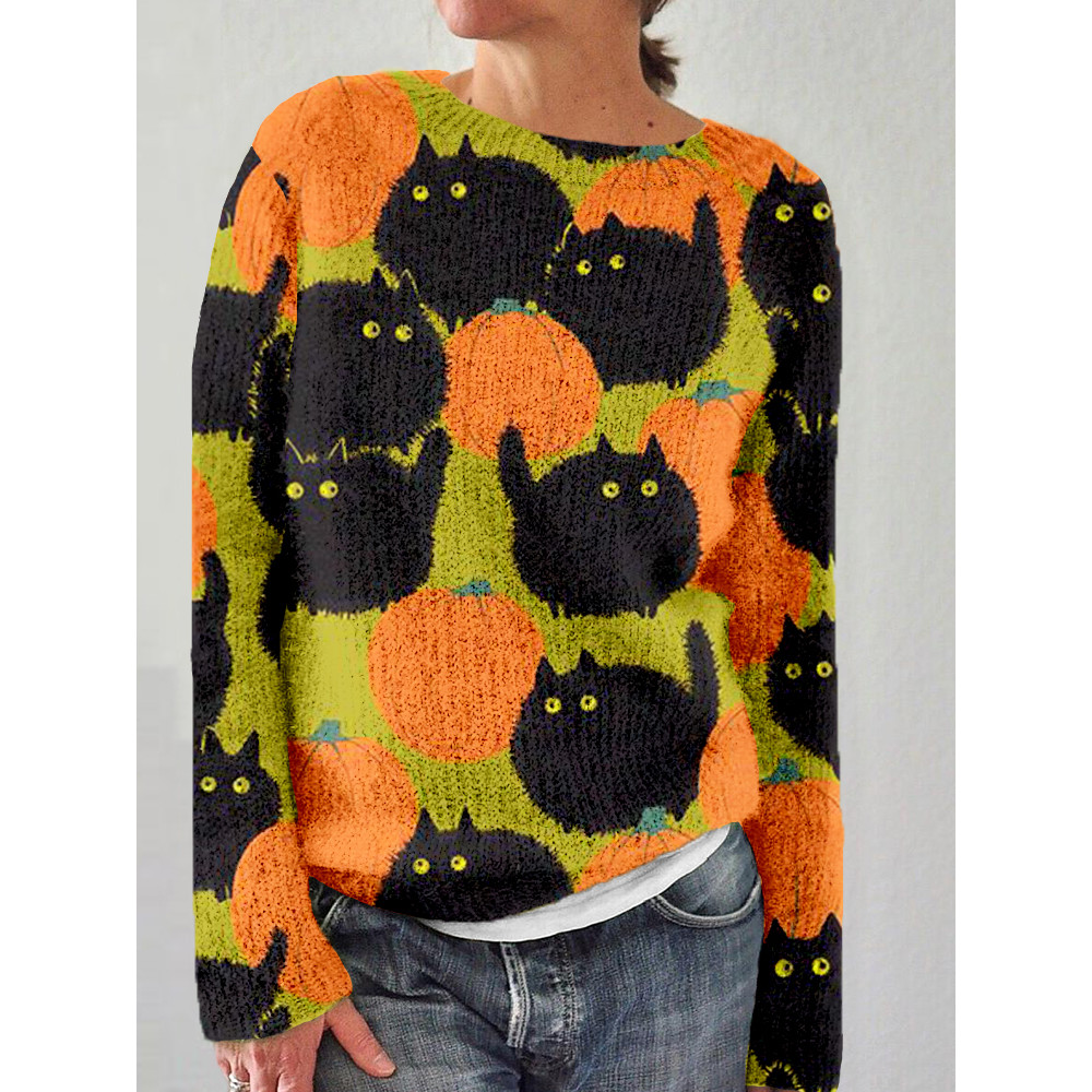 Black Cats & Pumpkins Graphic Vintage Cozy Sweater