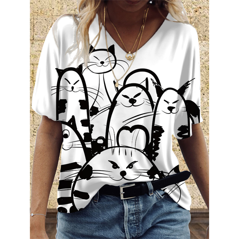 Black and White Cat  Printed T Shirt
