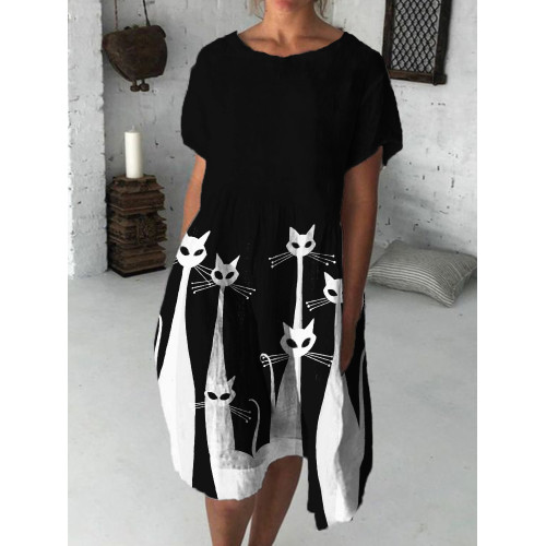 Black & White Cats Art Midi Dress