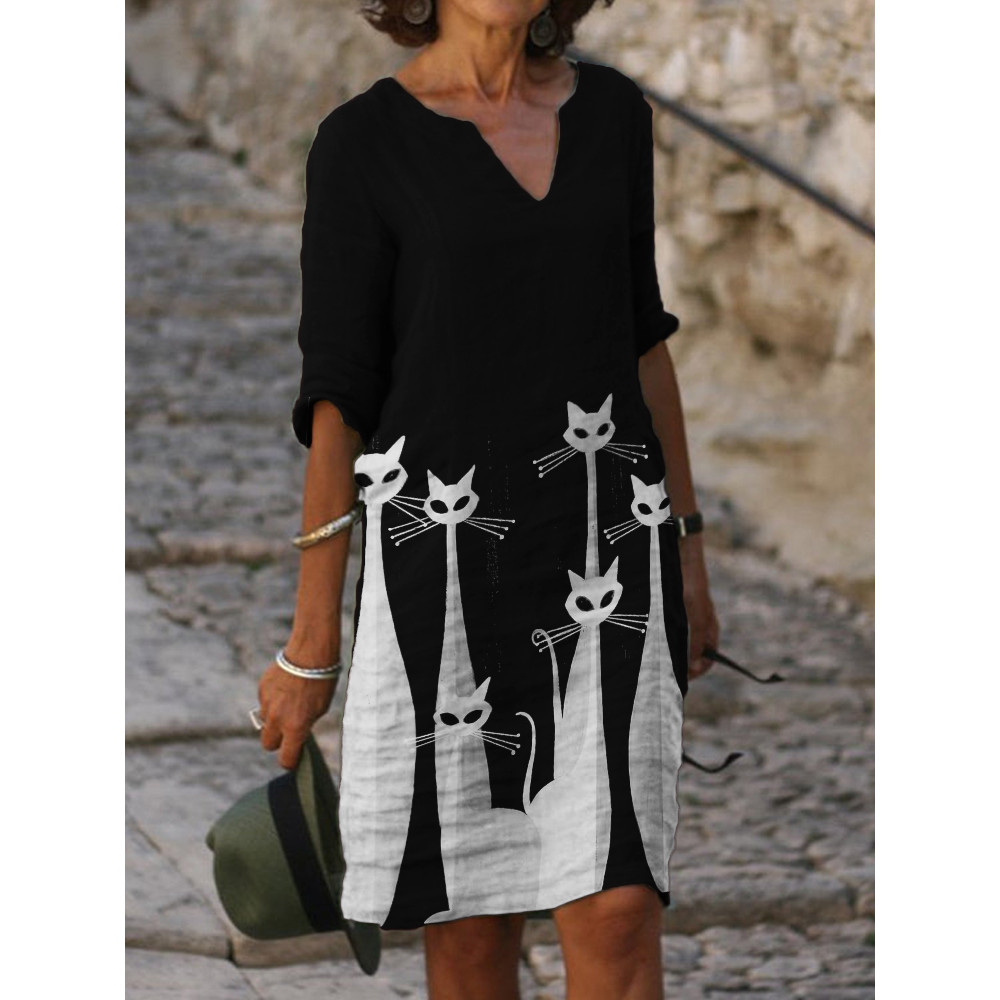 Black & White Cats Art Notch Neck Midi Dress