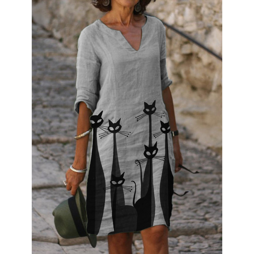 Black & White Cats Art Notch Neck Midi Dress