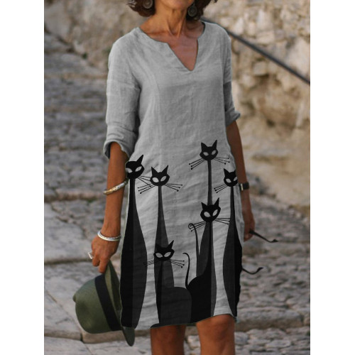 Black & White Cats Art Notch Neck Midi Dress