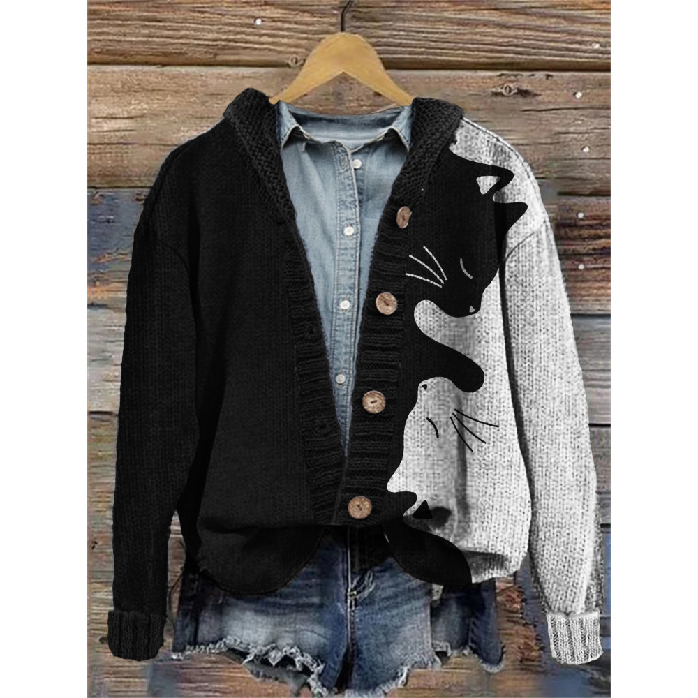 Black & White Cats Contrast Color Cozy Hooded Cardigan