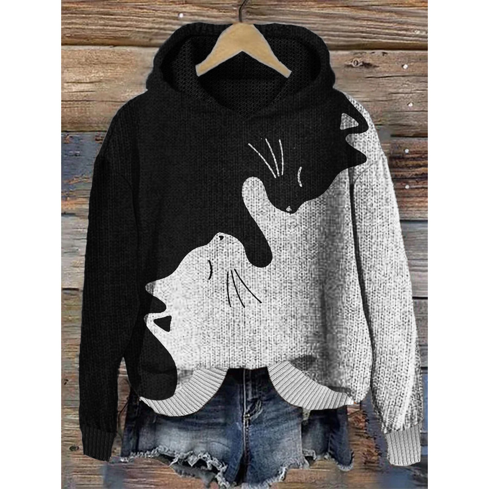 Black & White Cats Contrast Color Cozy Knit Hoodie