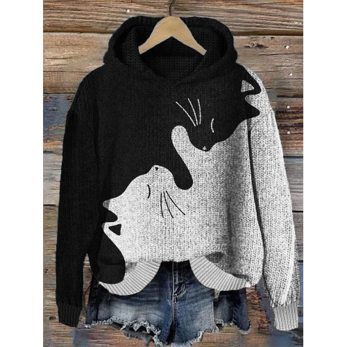 Black & White Cats Contrast Color Cozy Knit Hoodie