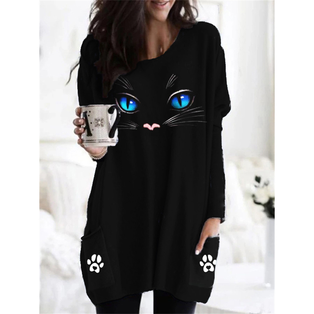Blue Eyed Cat Face Heart Paws Print Tunic