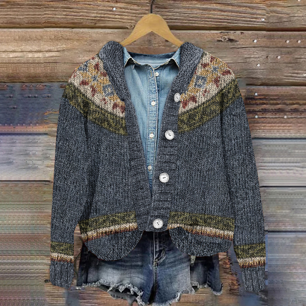 Button  Color Block Icelandic Pattern Printed Cardigan
