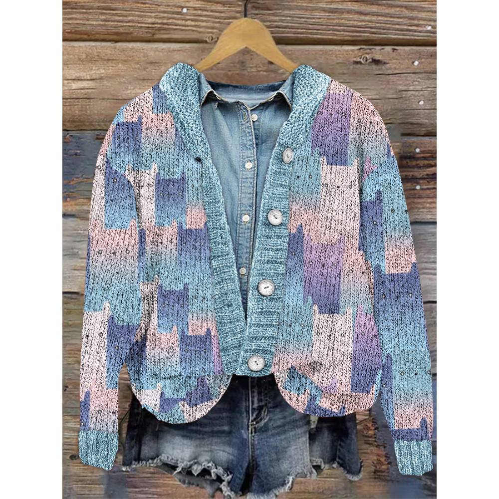 Button Cute Cat Pattern Knit Color Block Printed Cardigan