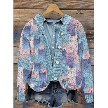 Button Cute Cat Pattern Knit Color Block Printed Cardigan