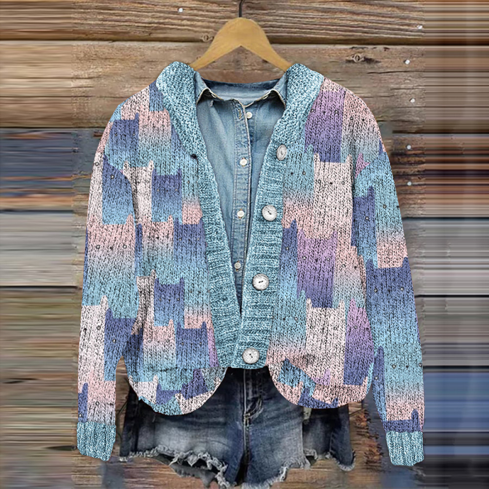 Button Cute Cat Pattern Knit Color Block Printed Cardigan