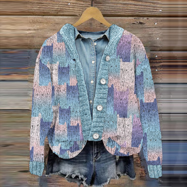 Button Cute Cat Pattern Knit Color Block Printed Cardigan