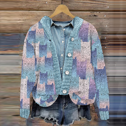 Button Cute Cat Pattern Knit Color Block Printed Cardigan